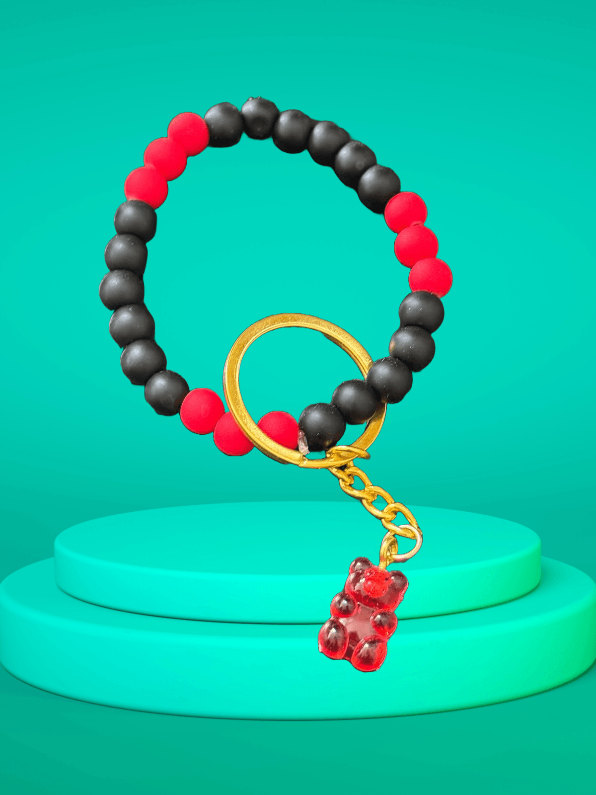 Midnight Berry Keychain – Black and Red Beaded with Gummy Bear Charm