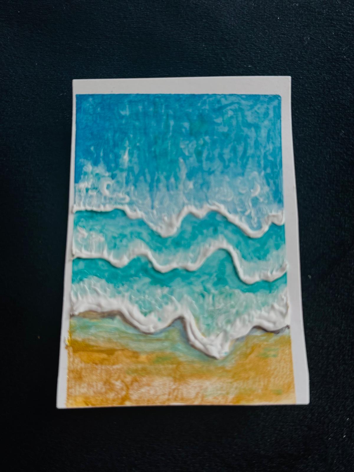 Minimalist seascape with textured turquoise waves crashing onto golden sandy shore.