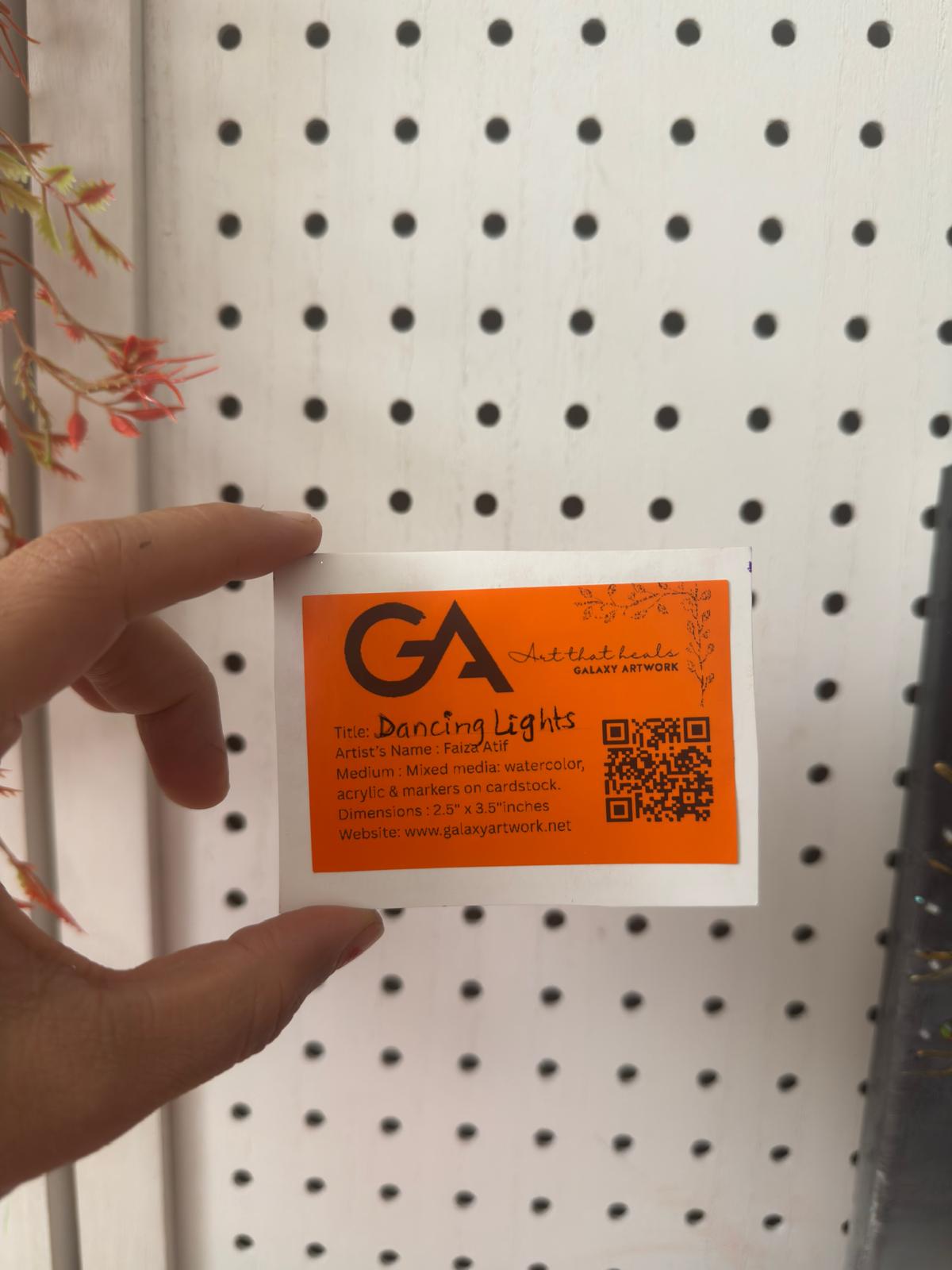 Hand-painted ACEO card of northern lights over lake with pine trees and purple sky.