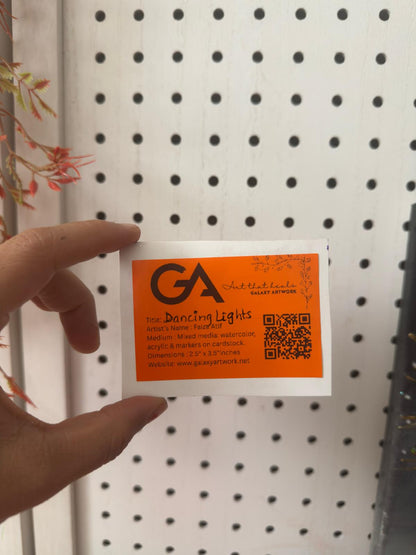 Hand-painted ACEO card of northern lights over lake with pine trees and purple sky.