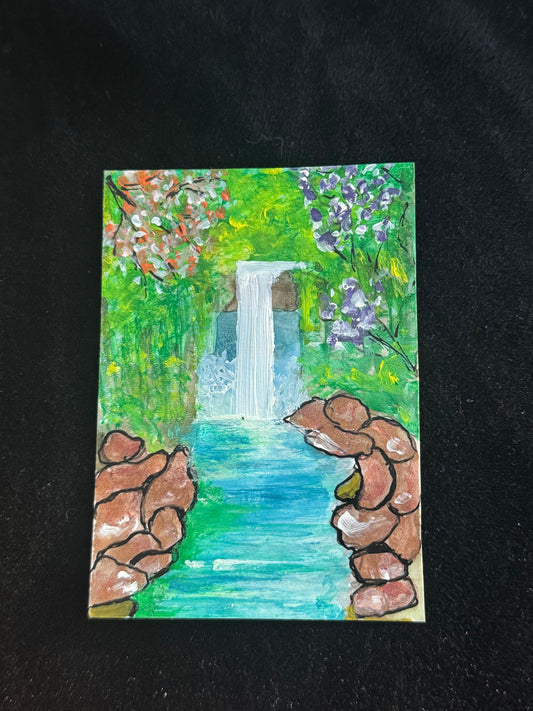 Artistic depiction of a garden scene with a waterfall and stone archway 