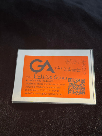 Hand-painted ACEO card of green bamboo stalks with a glowing white moon rising against a vivid red sunset background.