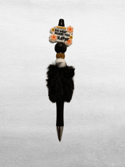 Do What Makes You Happy Furry Beaded Pen - Handmade Retractable Ballpoint Pen with Inspirational Charm - GalaxyArtWork