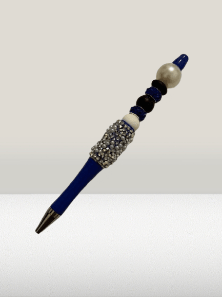 Elegant Blue & Pearl Beaded Pen - Handmade Retractable Ballpoint Pen with Rhinestone Accents - GalaxyArtWork