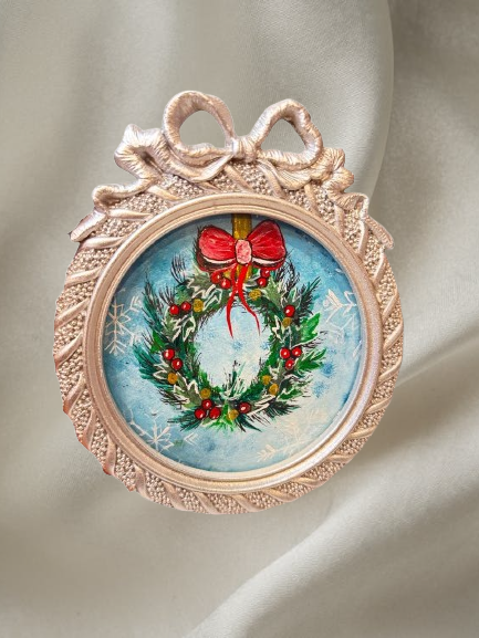 Handmade mini acrylic painting of a Christmas wreath in a decorative ornament frame
