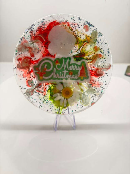 Decorative resin plate with floral design and 'Merry Christmas' text 