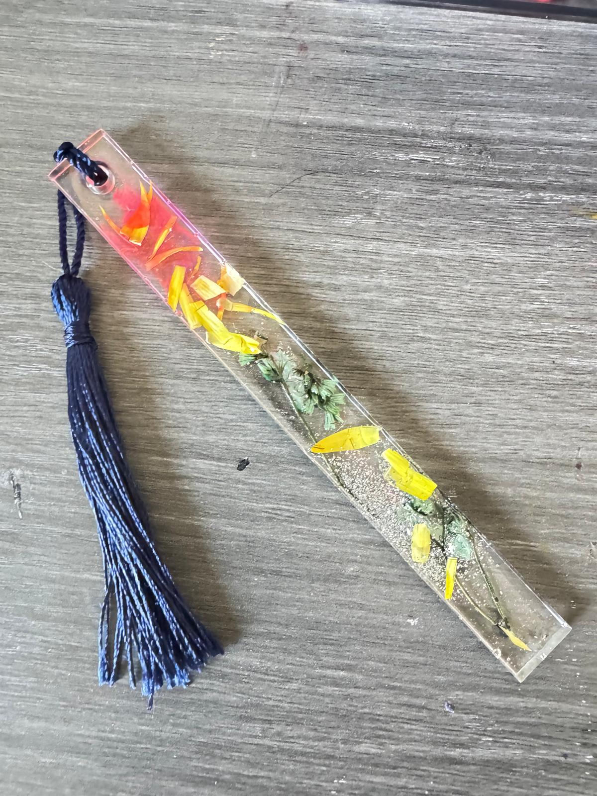 Resin Bookmark with Vibrant Petals and Navy Tassel