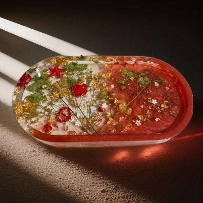 "Elegant Oval Resin Tray with Gold Leaf & Floral Embellishments" - GalaxyArtWork