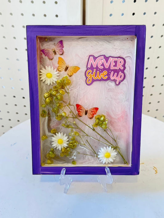 Never Give Up – Motivational Floral Resin Art"