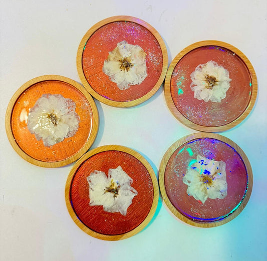 "Blossom Elegance – Handmade Resin Coaster Set (5-Piece)"