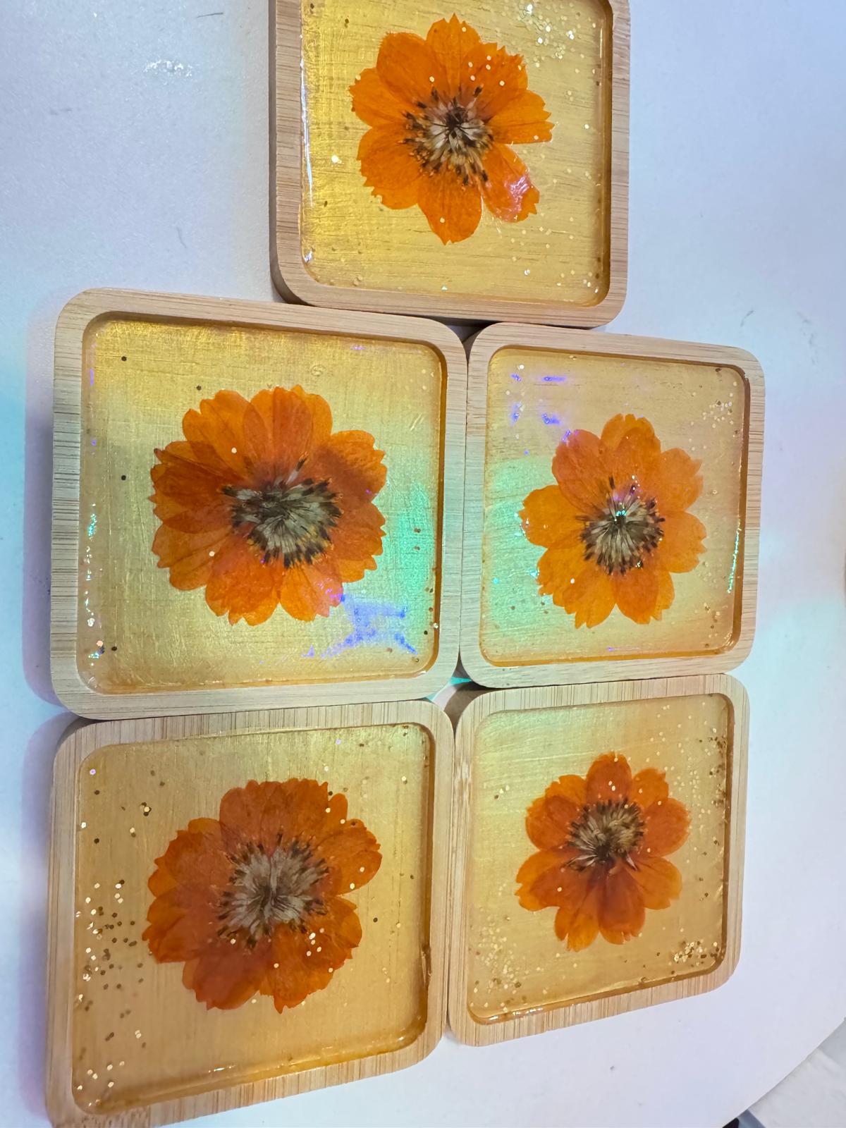 Golden Bloom – Handmade Floral Resin Coaster Set (5-Piece)"