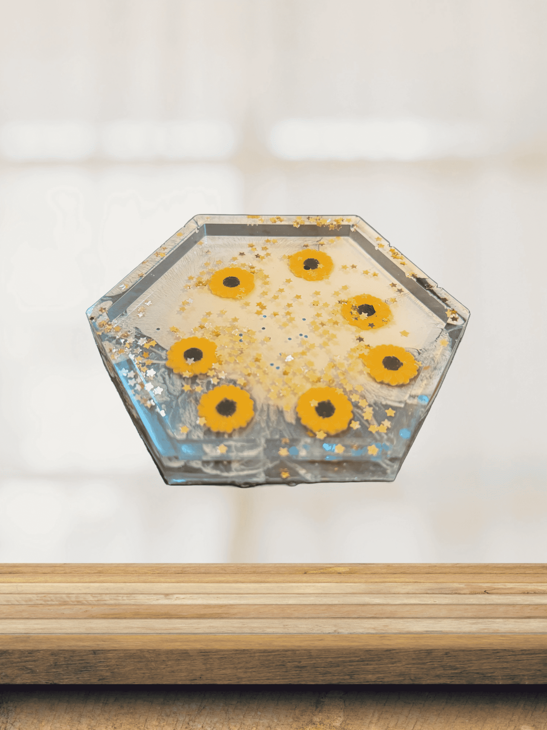 Golden Bloom Hex Tray – Handmade Floral Resin Craft