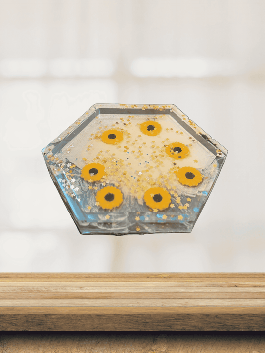 Golden Bloom Hex Tray – Handmade Floral Resin Craft