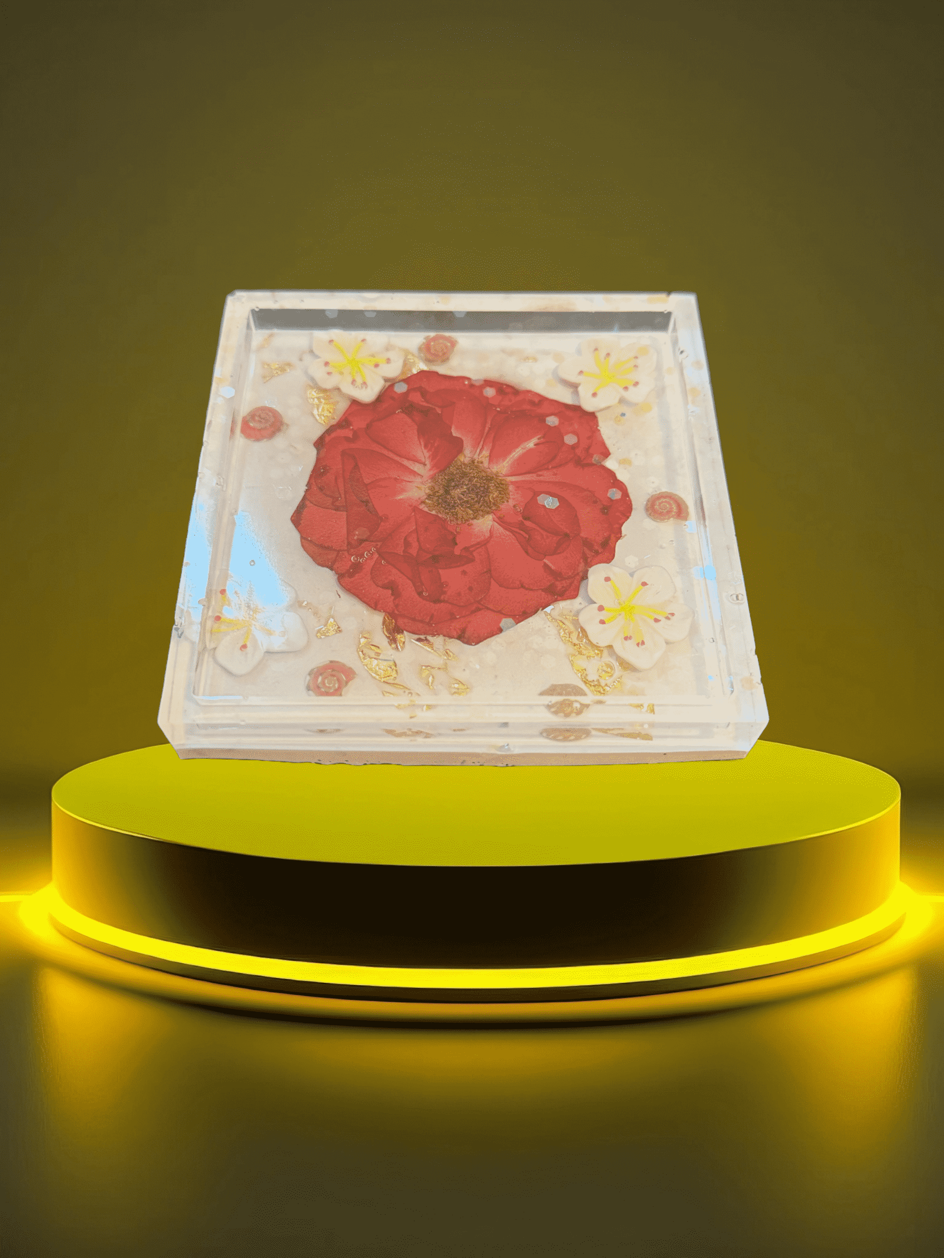 Scarlet Bloom Resin Block – Handmade Floral Art Gift