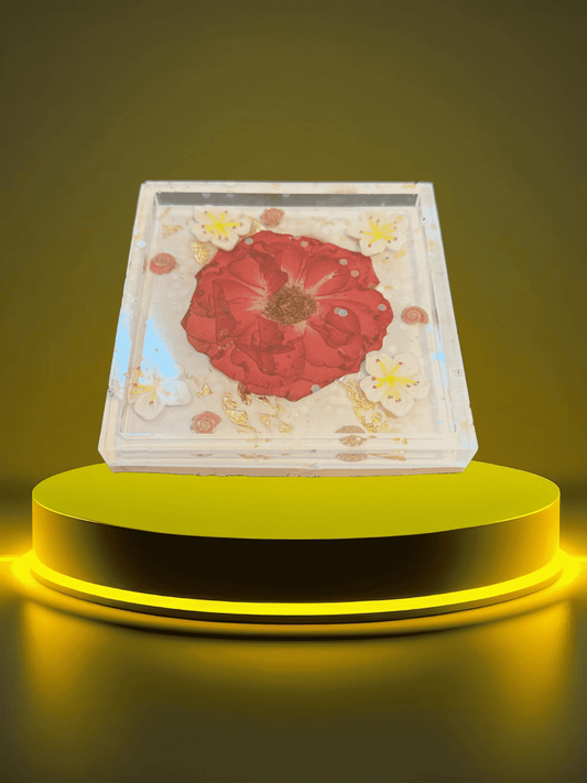Scarlet Bloom Resin Block – Handmade Floral Art Gift