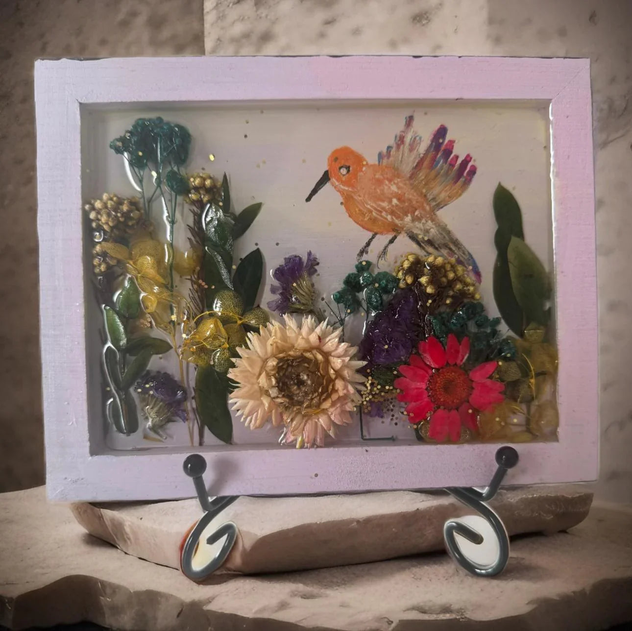Handmade Bird and Dried Flower Art – 3D Framed Resin Wall Decor with Real Botanicals