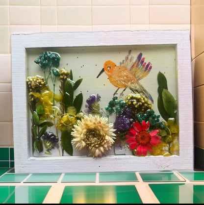 Handmade Bird and Dried Flower Art – 3D Framed Resin Wall Decor with Real Botanicals