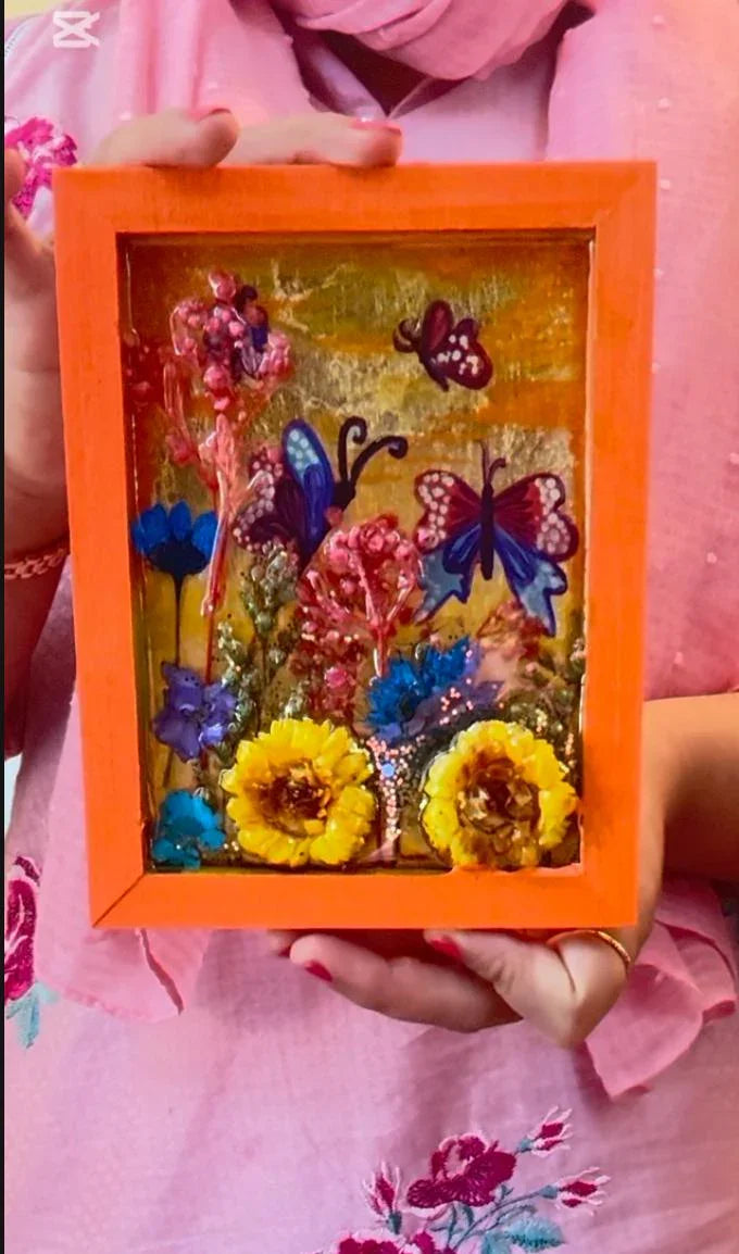 3D Butterfly & Dried Flower Resin Art – Handmade Framed Nature Scene in Bright Orange