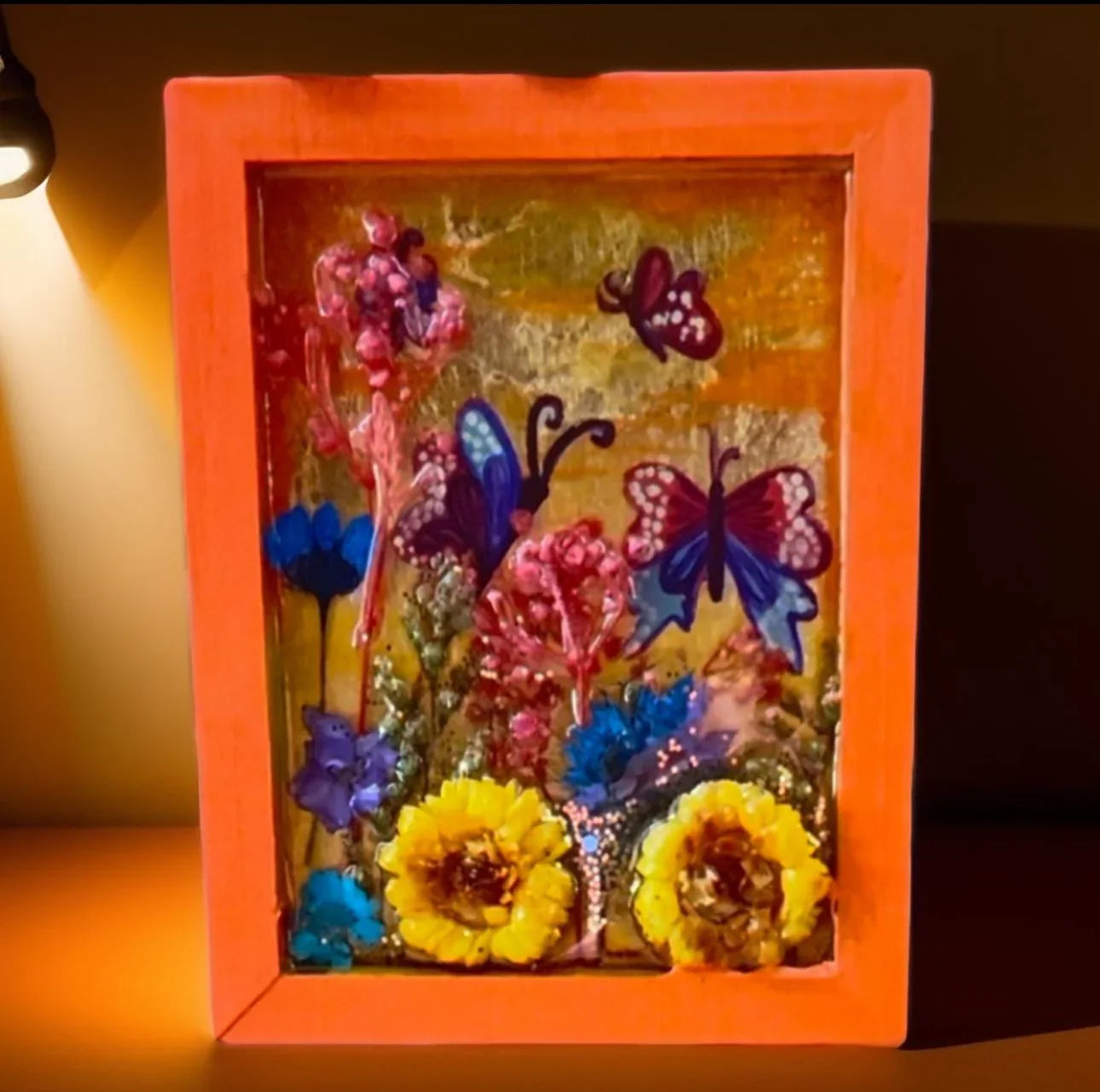 3D Butterfly & Dried Flower Resin Art – Handmade Framed Nature Scene in Bright Orange