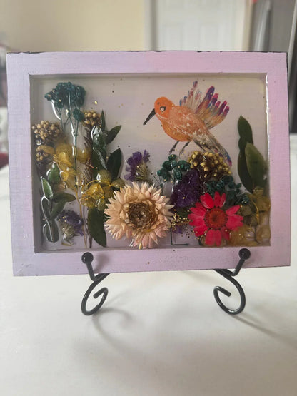 Handmade Bird and Dried Flower Art – 3D Framed Resin Wall Decor with Real Botanicals