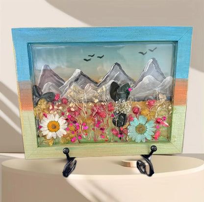 3D Mountain Landscape with Real Dried Flowers