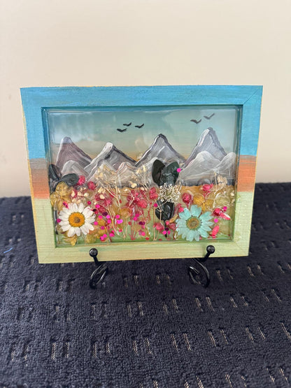 3D Mountain Landscape with Real Dried Flowers – Handmade Resin Art in Painted Wooden Frame