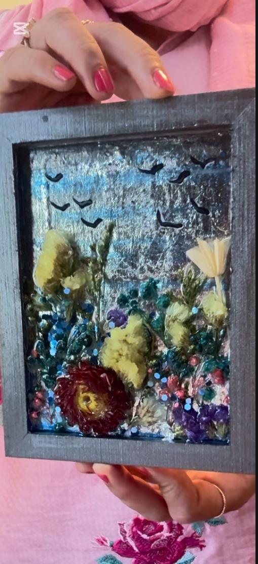 Handmade Dried Flower Frame with Birds and Glitter Accents