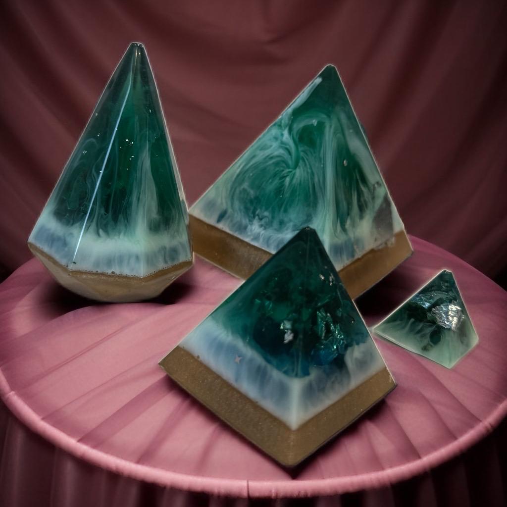 Pyramid-shaped decorative items with green and blue marbled design on a marble surface with roses.