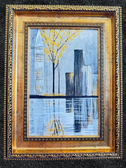 Modern Cityscape Art with Golden Frame - GalaxyArtWork