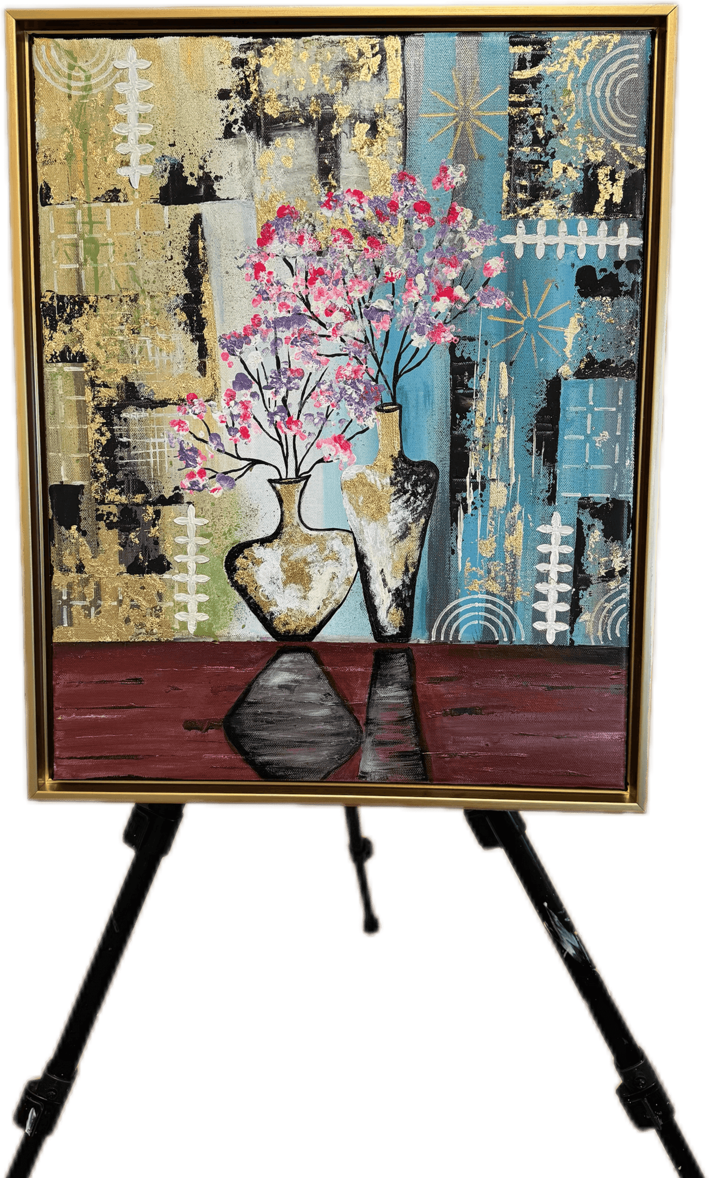 Golden Blossoms in Harmony – Textured Abstract Vase Art with Cherry Blossoms