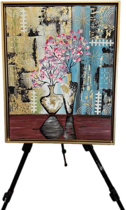 Golden Blossoms in Harmony – Textured Abstract Vase Art with Cherry Blossoms