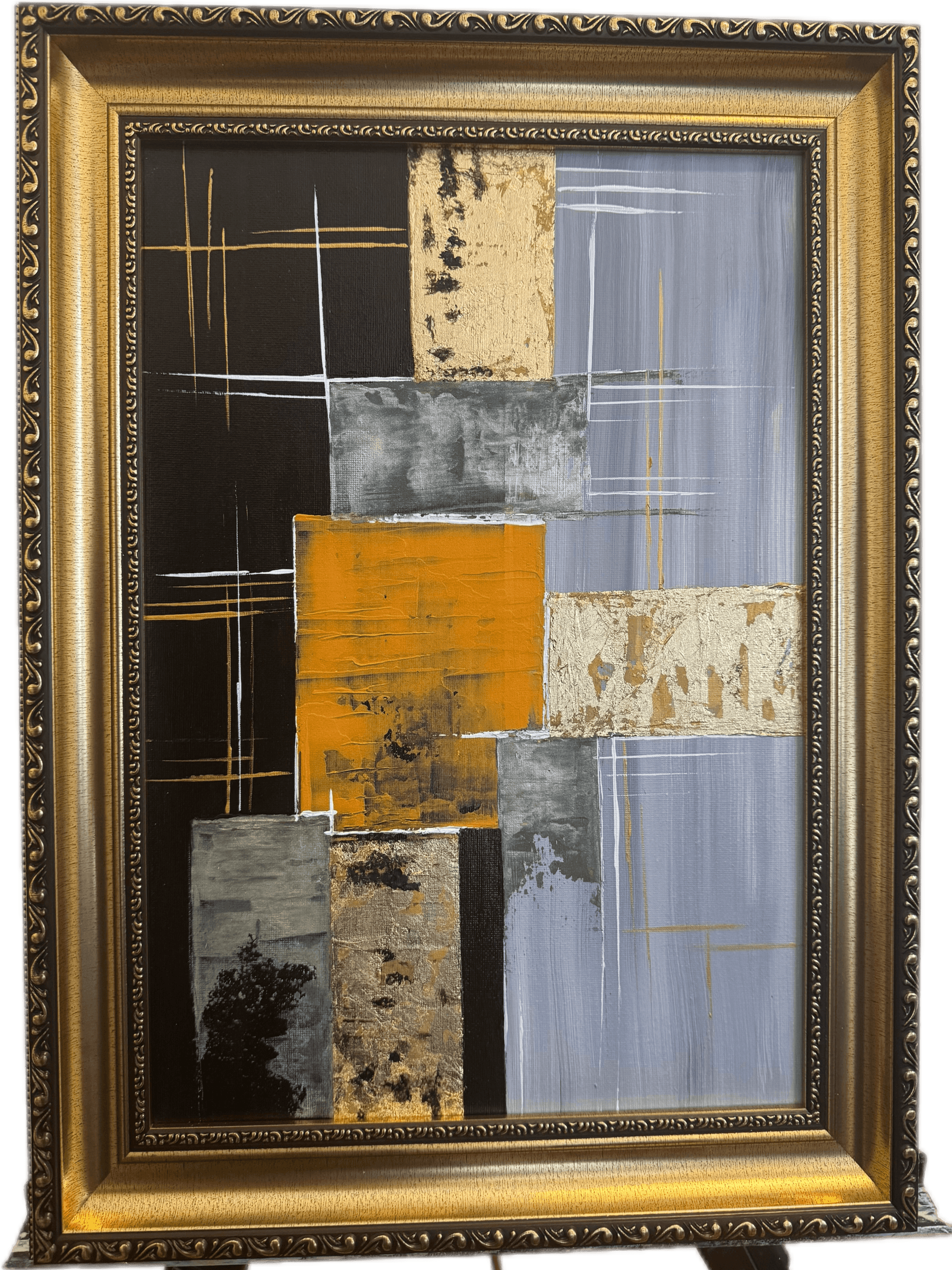 Golden Grid: Urban Harmony – Textured Abstract Cityscape with Gold Frame