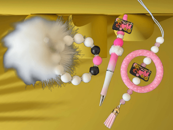 Cotton Candy Chic Handmade Gift Set – Beaded Pen, Wristlet & Puff for Moms
