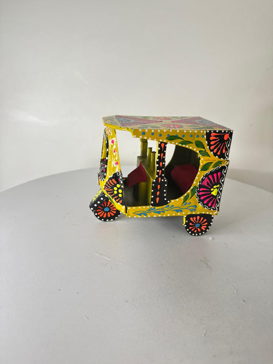 Handmade Miniature Yellow Rickshaw | Pakistani Truck Art Decor Piece