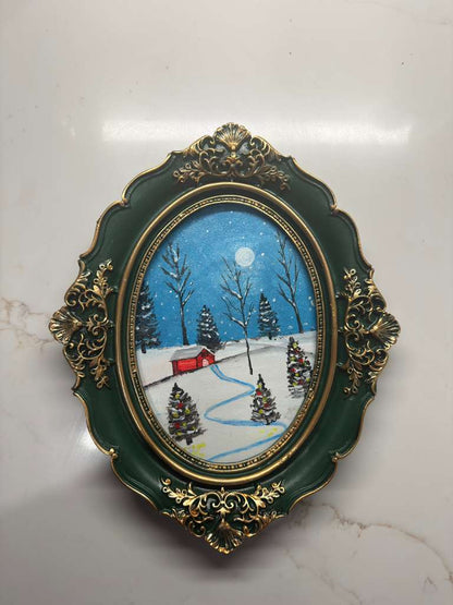Hand-painted snowy cabin scene in a framed mini acrylic artwork