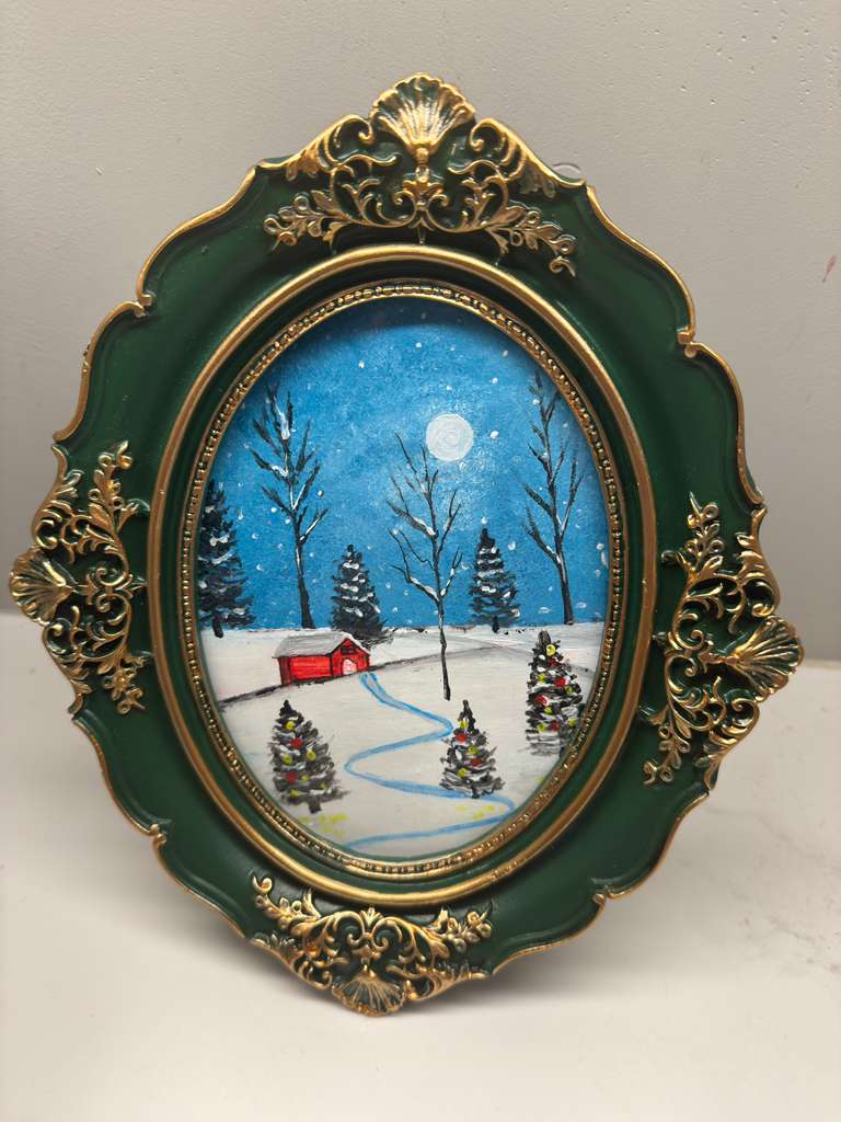 Hand-painted snowy cabin scene in a framed mini acrylic artwork