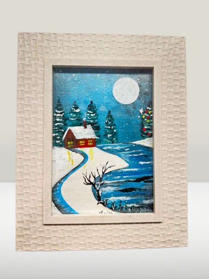 Winter Christmas Mini Acrylic Painting – Cozy Cabin in Snow Handmade Art - GalaxyArtWork