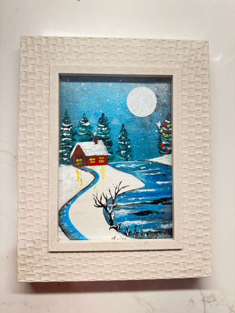 Winter Christmas Mini Acrylic Painting – Cozy Cabin in Snow Handmade Art - GalaxyArtWork