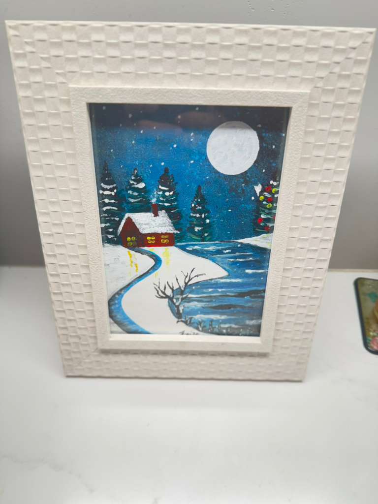Winter Christmas Mini Acrylic Painting – Cozy Cabin in Snow Handmade Art - GalaxyArtWork