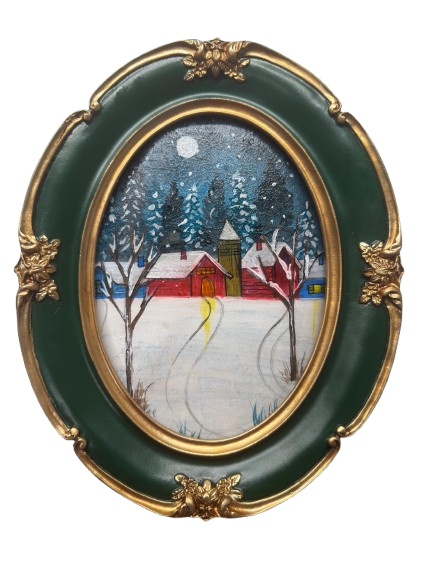 Mini acrylic painting of a red winter cabin with snow-covered trees and a full moon in a decorative green and gold oval frame.