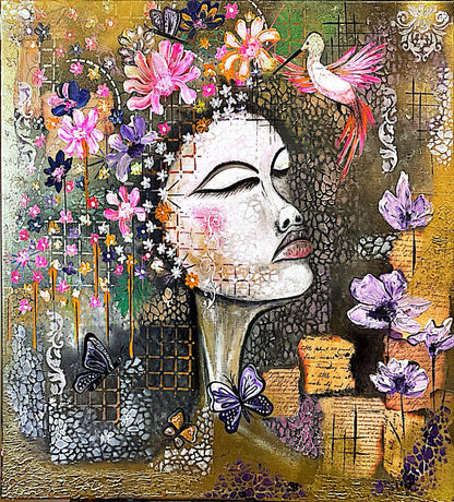 Soul in Full Bloom – 24x24 Inch Acrylic Textured Floral Portrait Art (Unframed) ( Original )