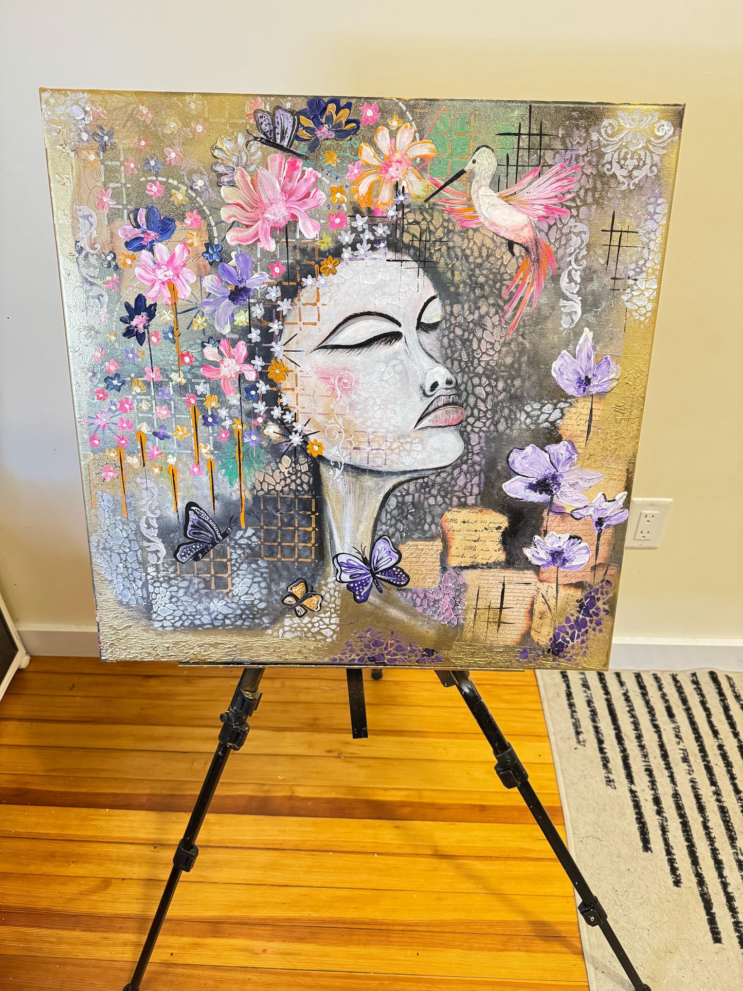 Soul in Full Bloom – 24x24 Inch Acrylic Textured Floral Portrait Art (Unframed) ( Original )