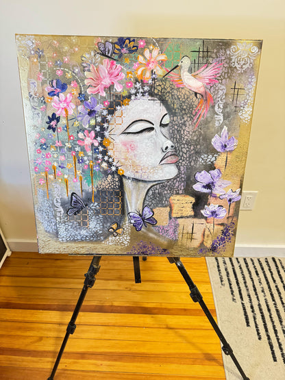 Soul in Full Bloom – 24x24 Inch Acrylic Textured Floral Portrait Art (Unframed) ( Original )