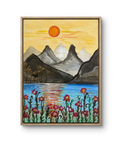 Original Painting – Mountain Sunset Landscape with Floral Foreground