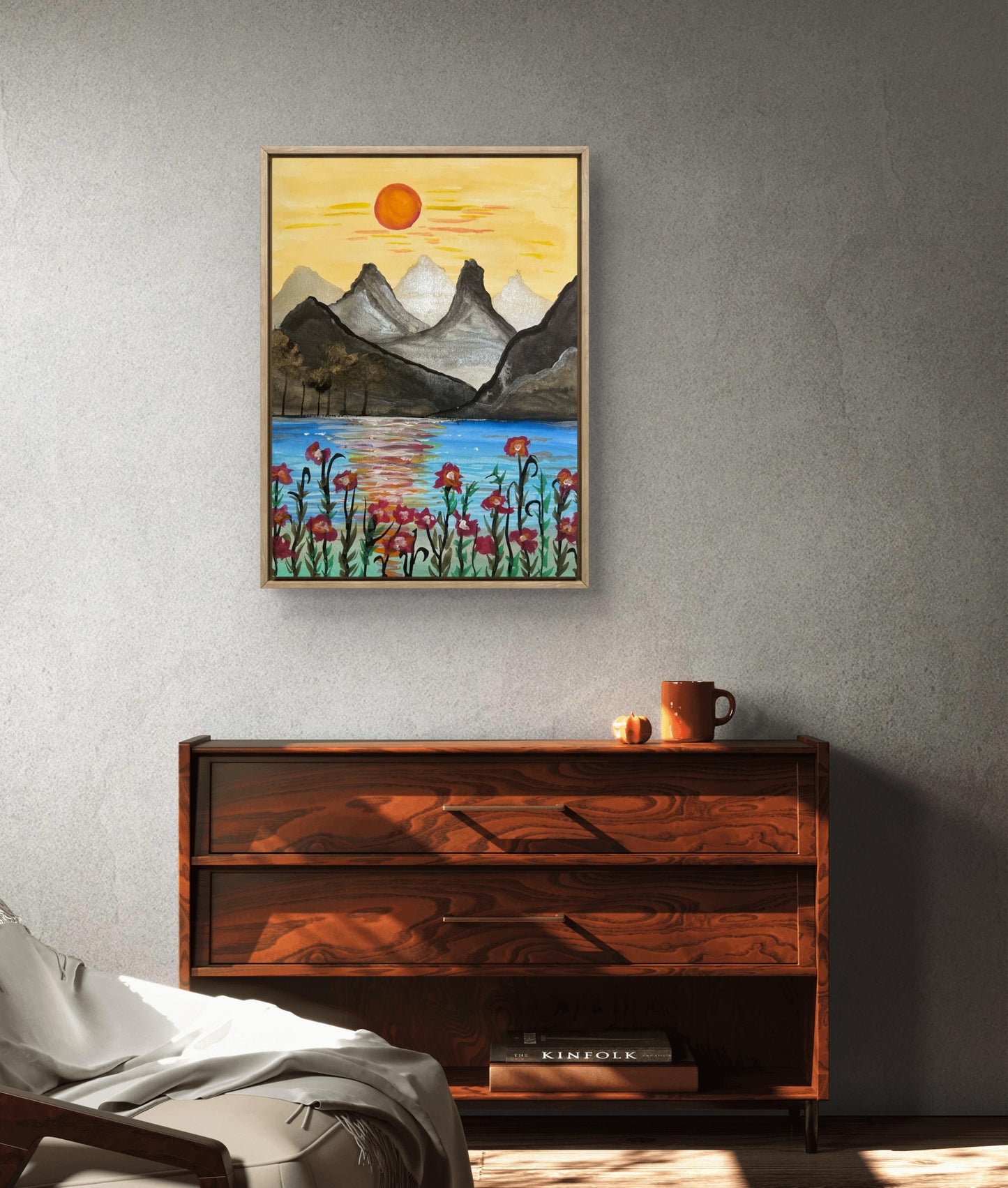 Original Painting – Mountain Sunset Landscape with Floral Foreground