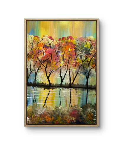 Original Painting – Colorful Autumn Trees with Water Reflection