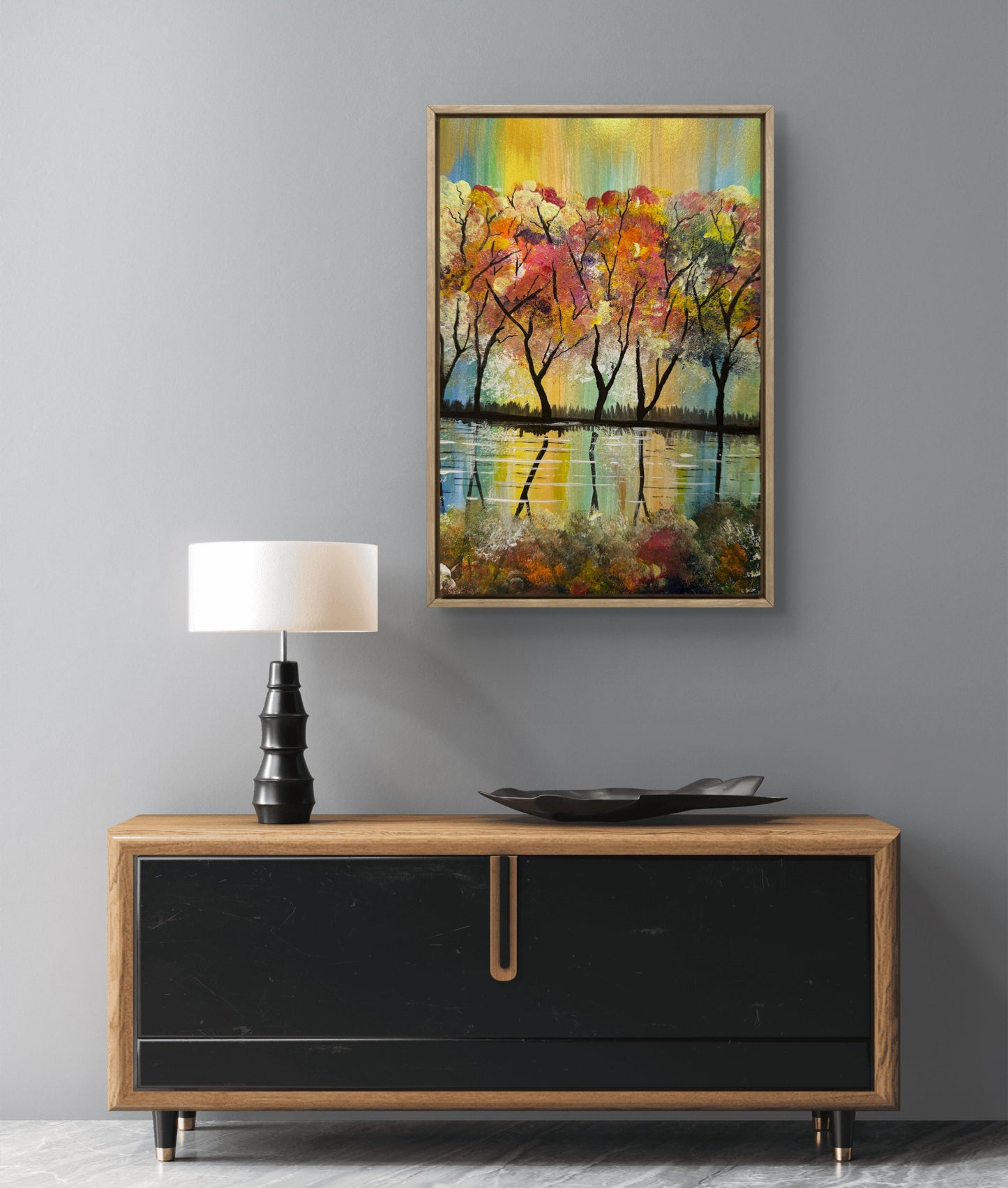 Original Painting – Colorful Autumn Trees with Water Reflection