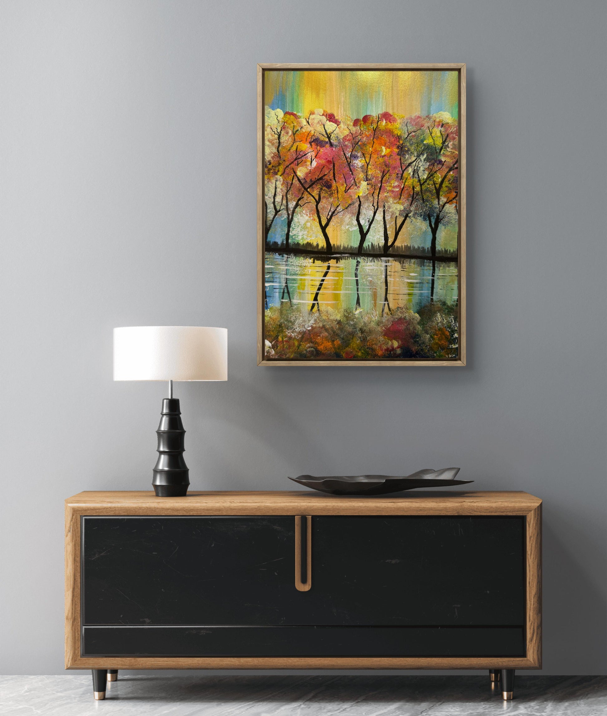 Original Painting – Colorful Autumn Trees with Water Reflection