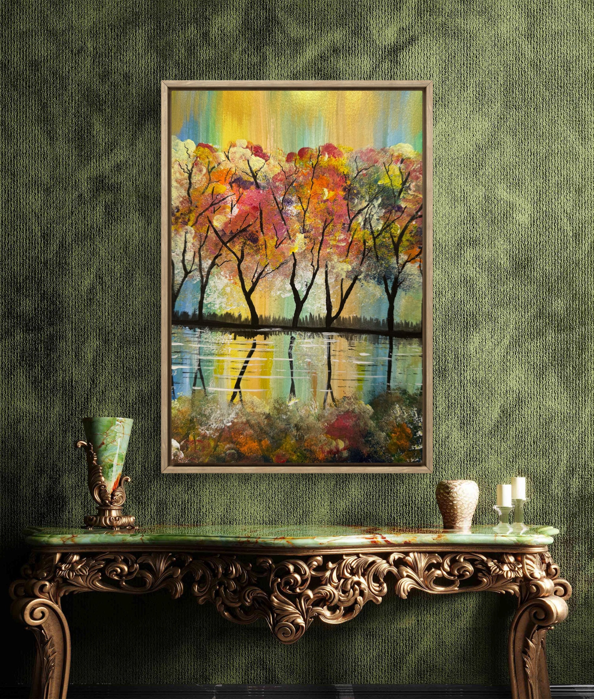 Original Painting – Colorful Autumn Trees with Water Reflection