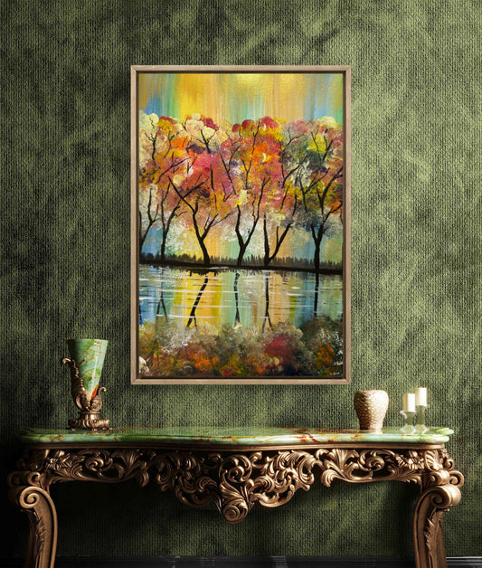 Original Painting – Colorful Autumn Trees with Water Reflection